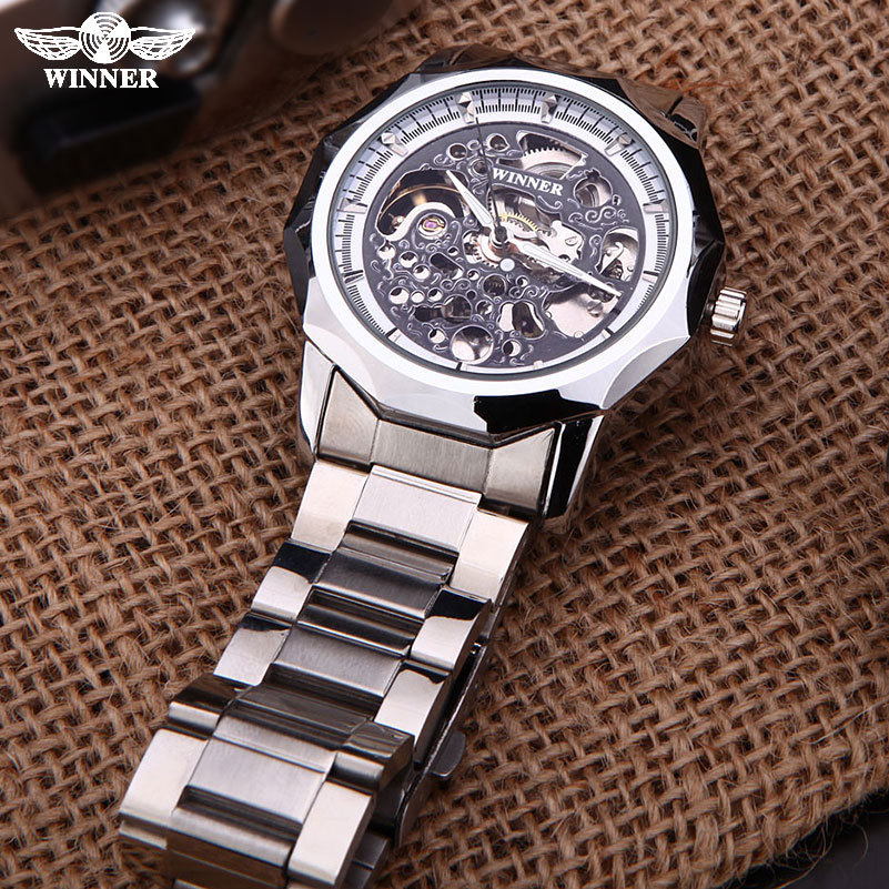 Reloj de oro de moda WINNER Reloj de fondo hueco para hombre Reloj mecánico automático Correa de acero