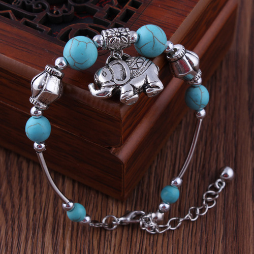 Dragon Ru European and American Retro Ethnic Silver-Plated Carved Elephant Pendant Bracelet Turquoise Bracelet Accessory