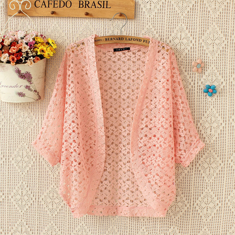 Summer Crochet Hollow Thin Cardigan External Air-conditioning Shirt Bat Hollow Knitted Shirt Short-sleeved Women's Mid-length Net Shirt