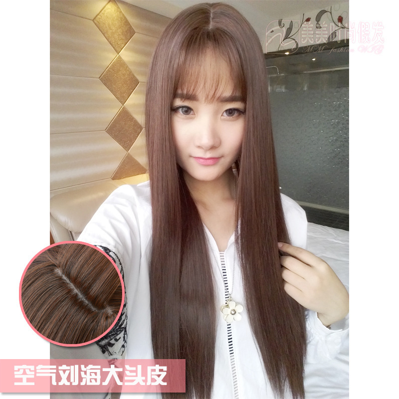 Wig Women's Long Straight Hair Air Bangs Mid-point Simulation Big Head Skin Natural Realistic Fashionable Sweet Full Top Hair Cover