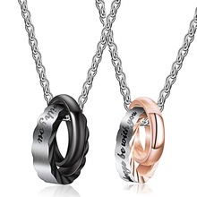 钛钢饰品批发 速卖通经典创意钛钢情侣双环镶钻项链 不锈钢首饰