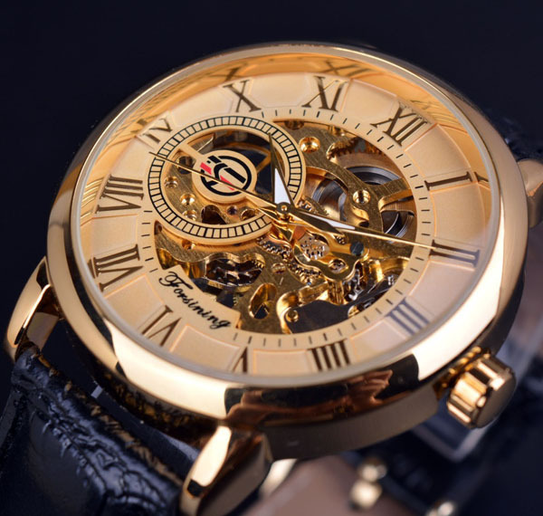 Fusini forsining hombres de moda retro hueco transparente mecánico manual reloj mecánico Correa reloj