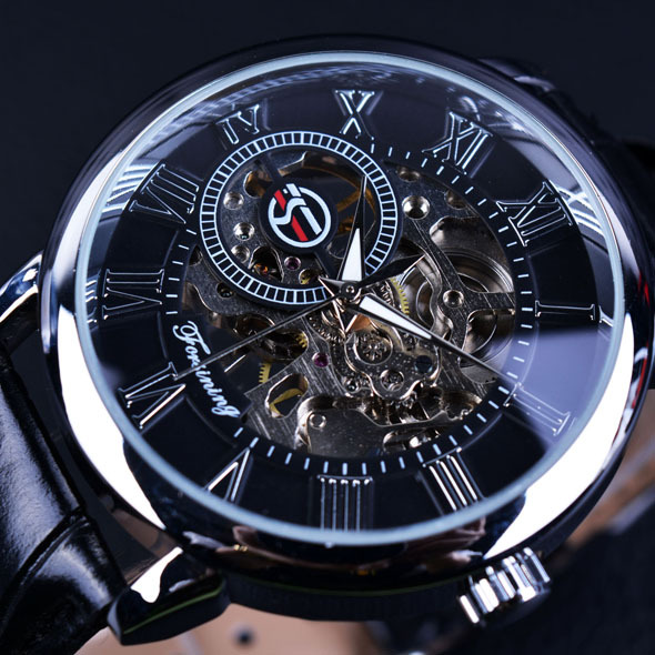 Fusini forsining hombres de moda retro hueco transparente mecánico manual reloj mecánico Correa reloj