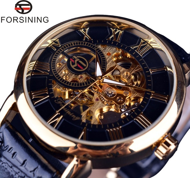 Fusini forsining hombres de moda retro hueco transparente mecánico manual reloj mecánico Correa reloj