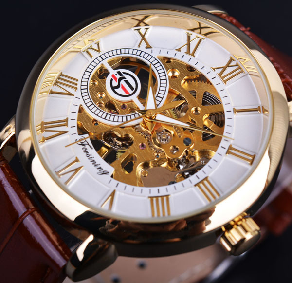 Fusini forsining hombres de moda retro hueco transparente mecánico manual reloj mecánico Correa reloj