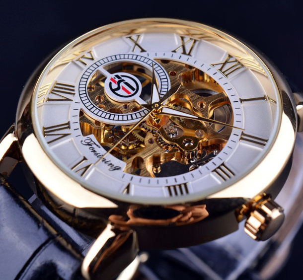 Fusini forsining hombres de moda retro hueco transparente mecánico manual reloj mecánico Correa reloj