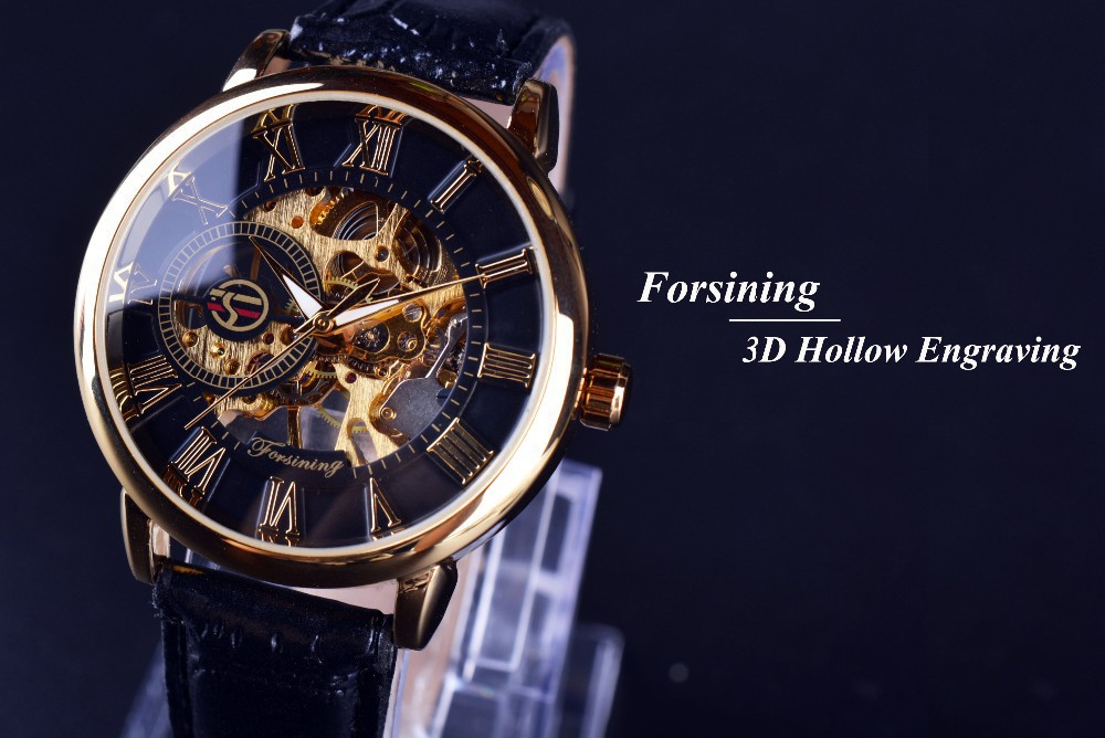 Fusini forsining hombres de moda retro hueco transparente mecánico manual reloj mecánico Correa reloj