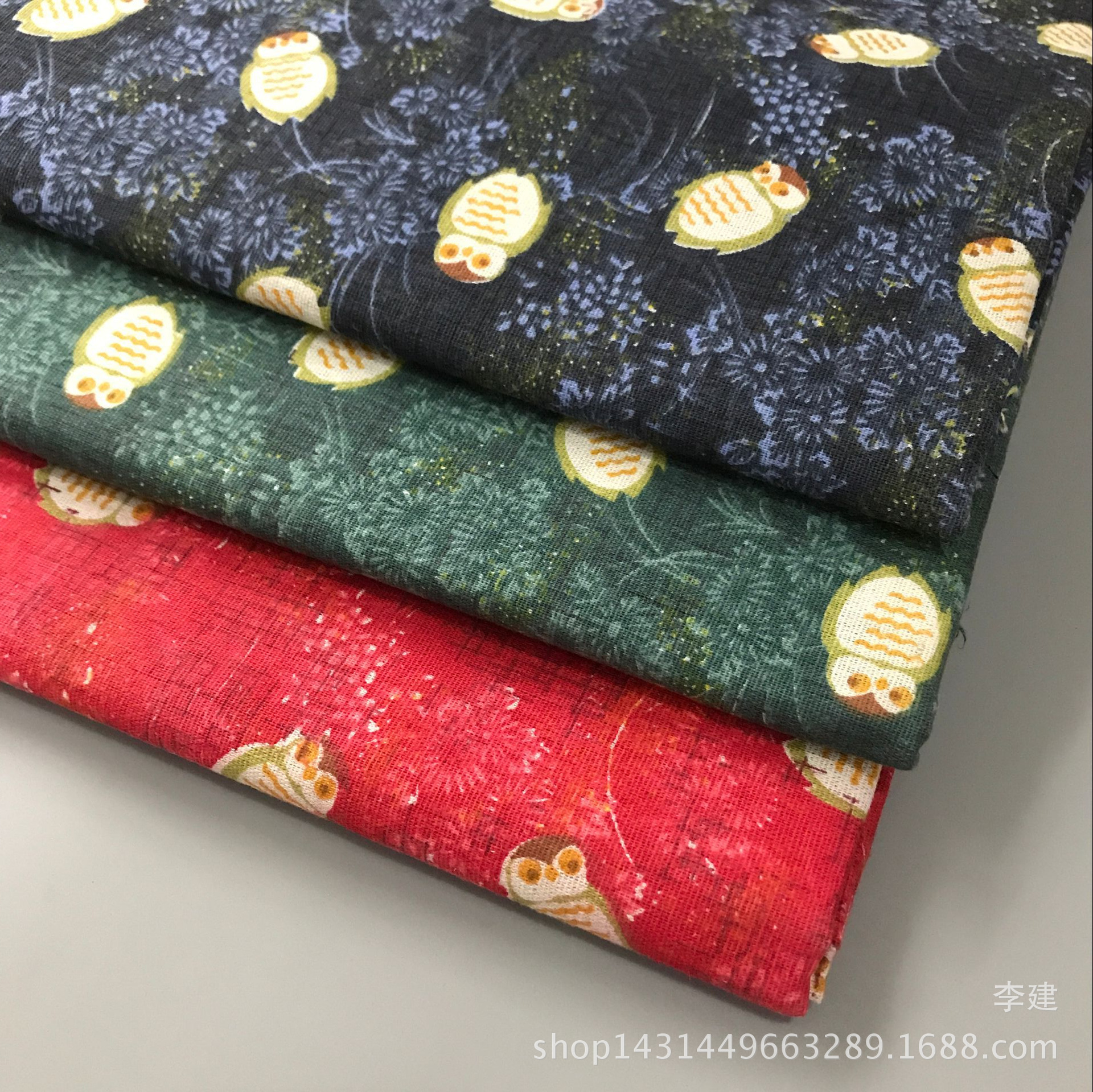 厂家直销 亚麻面料 麻布印花 3色猫头鹰 桌布