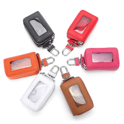 Cross-border sourced high-quality top-layer leather key case, Korean-style double zipper window cowhide car key cover