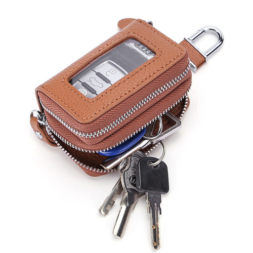 Cross-border sourced high-quality top-layer leather key case, Korean-style double zipper window cowhide car key cover