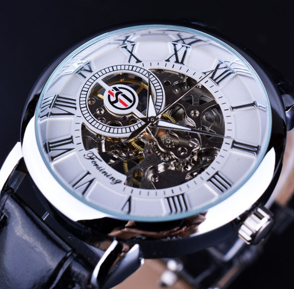 Fusini forsining hombres de moda retro hueco transparente mecánico manual reloj mecánico Correa reloj