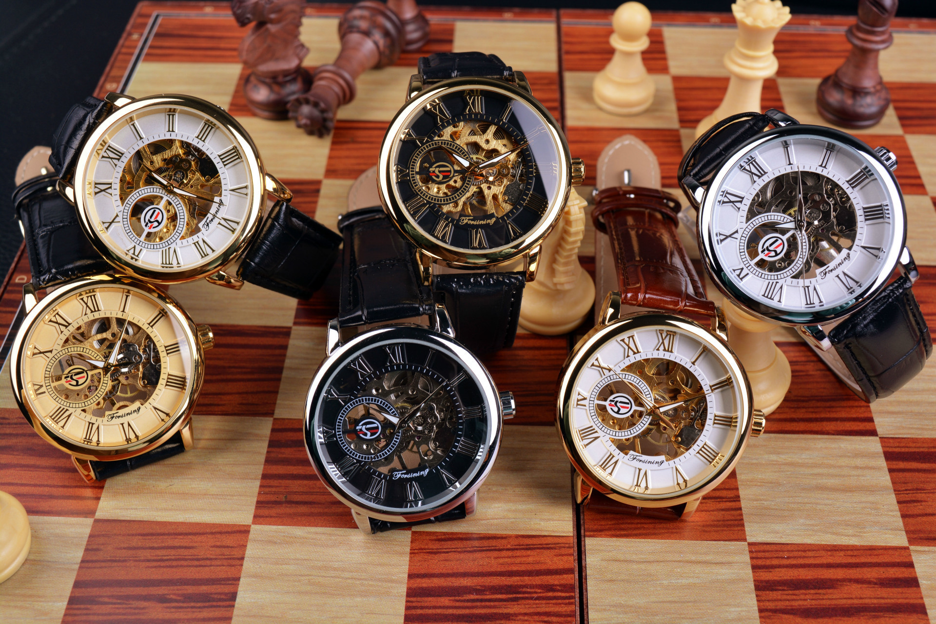 Fusini forsining hombres de moda retro hueco transparente mecánico manual reloj mecánico Correa reloj