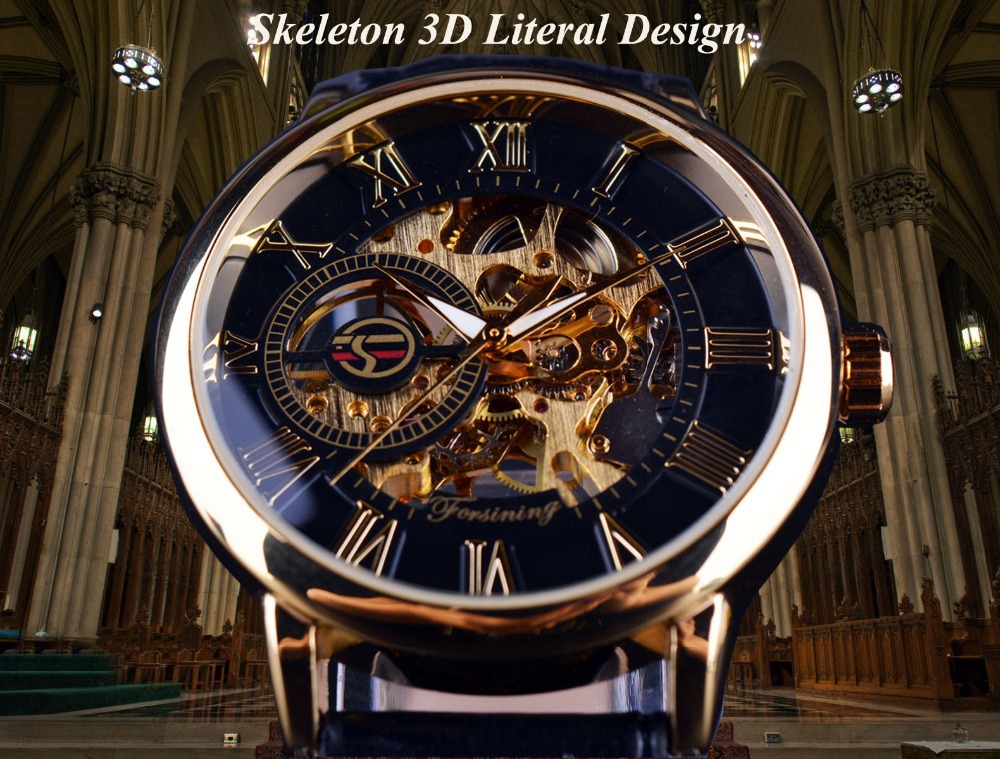 Fusini forsining hombres de moda retro hueco transparente mecánico manual reloj mecánico Correa reloj