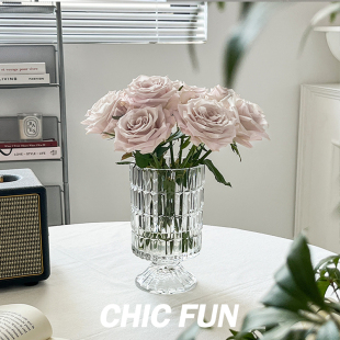 Wholesale French retro embossed high-leg transparent glass vase hydroponic flower arrangement home living room decoration ornaments