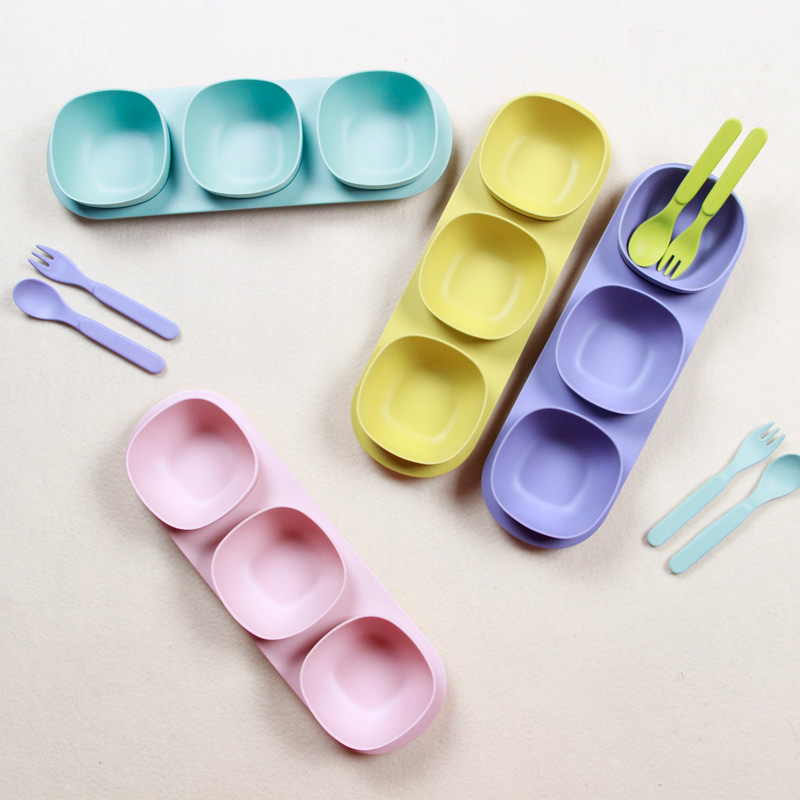 Bamboo Fiber Three-Compartment Plate, Brunch Baby Food Supplement, Small Bowl, Fork and Spoon Base Set, Restaurant Kindergarten