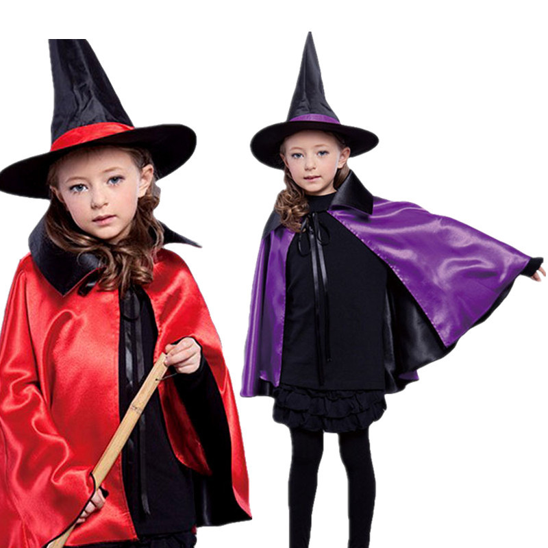 Halloween niños capa rendimiento traje rojo y negro de doble cara tela de satén bruja mago capa Cosplay