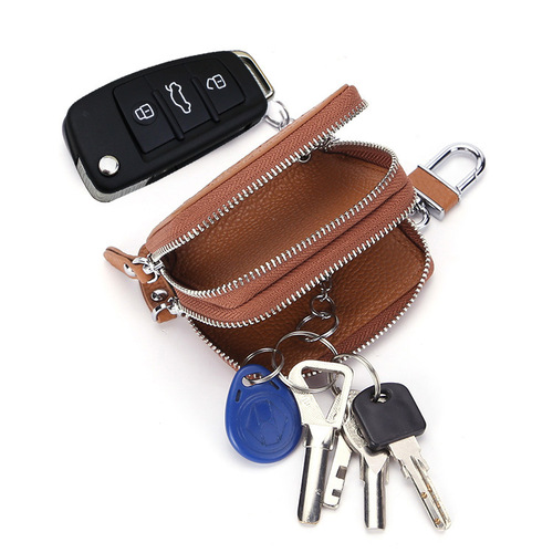 Cross-border sourced high-quality top-layer leather key case, Korean-style double zipper window cowhide car key cover