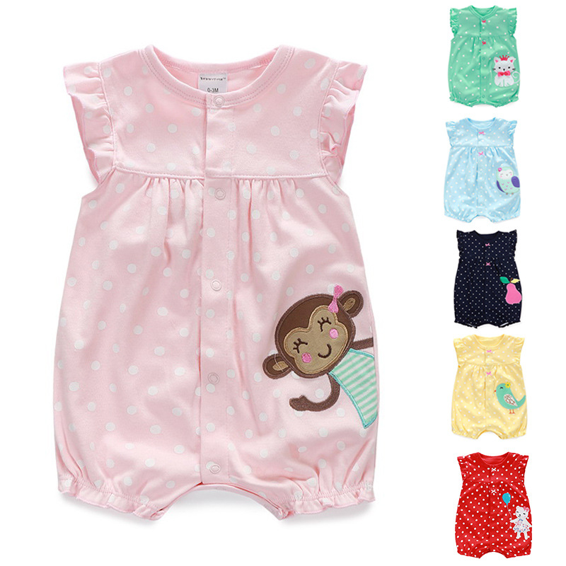 Baby Romper Pink Cotton Summer Wear with Animal Embroidery