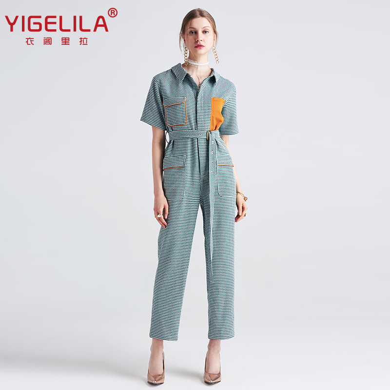 YIGELILA Summer New Fashion Shirt Collar Plaid Handsome Slim Pocket Design Jumpsuit 5408