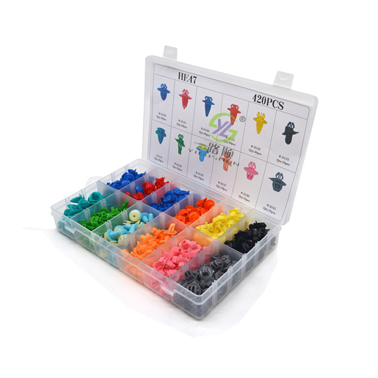 Accesorios para automóviles 420 unids en caja hebilla traje clip plástico remache nylon puerta panel hebilla he47