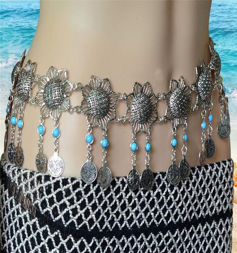 Factory direct sales European and American fashion retro style sunflower hollow long waist chain belly dance chain wholesale