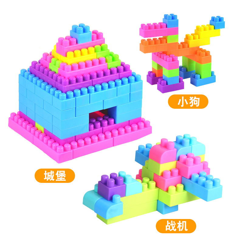 Modular plastic building blocks set for kindergarten, colorful, bulk pound pack