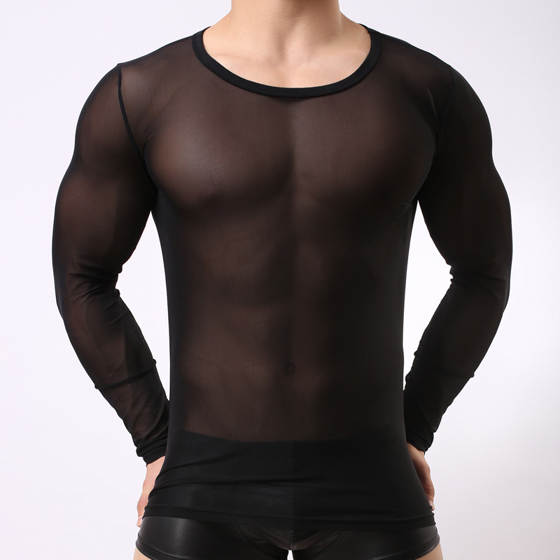 Wholesale Summer Men's Long-Sleeved T-Shirts, See-Through Loungewear, Thin Transparent Mesh Bodysuits, Sexy Foreign Trade Wholesale