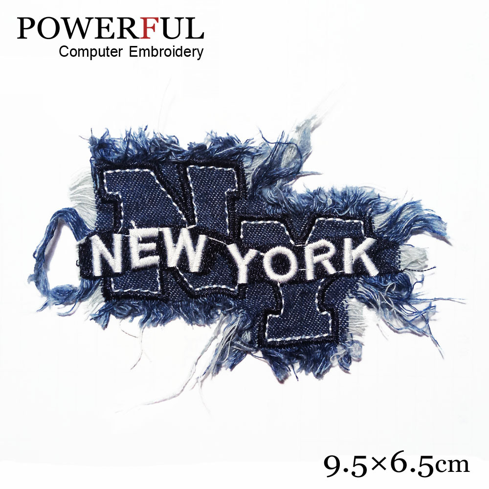 强大刺绣标厂家 英文NY new york牛仔布洗水流苏绣花章标个性布贴