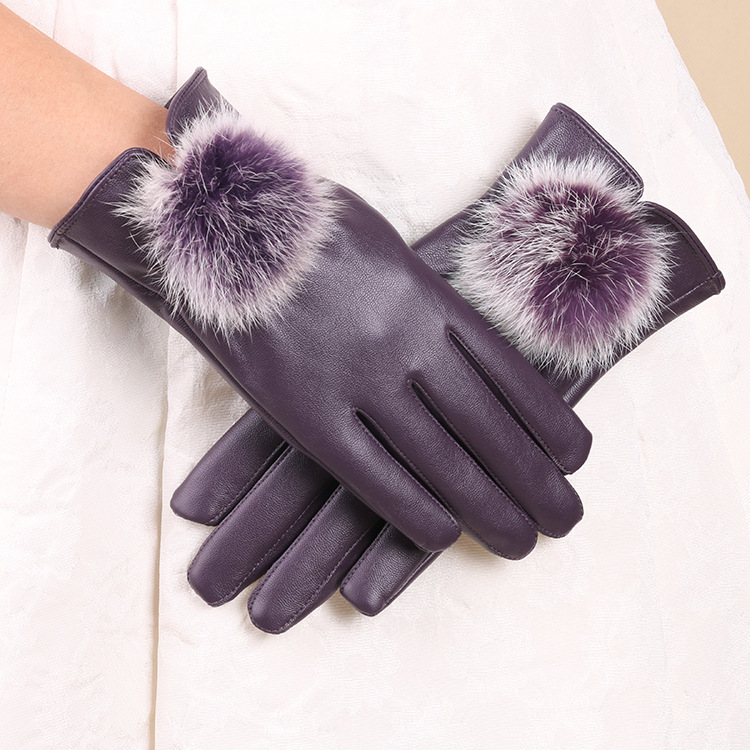 Guantes de cuero calientes guantes de bola de piel de conejo para mujer Pantalla táctil de cuero de PU lindo forro polar a prueba de frío guantes de otoño e invierno