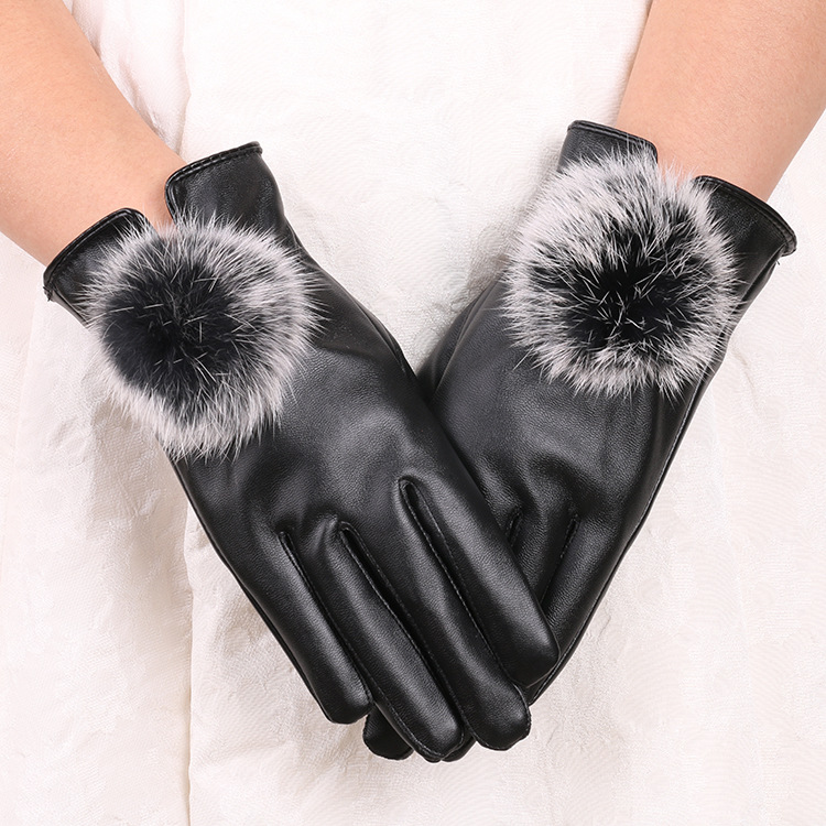 Guantes de cuero calientes guantes de bola de piel de conejo para mujer Pantalla táctil de cuero de PU lindo forro polar a prueba de frío guantes de otoño e invierno