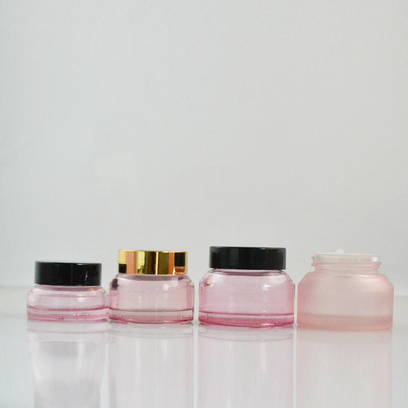15 30 50G漂亮淡粉磨砂喷涂玻璃斜肩瓶配盖子加内盖 面霜罐面膜罐