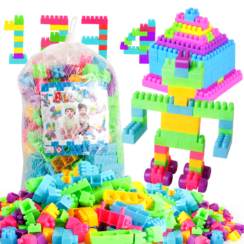 Modular plastic building blocks set for kindergarten, colorful, bulk pound pack