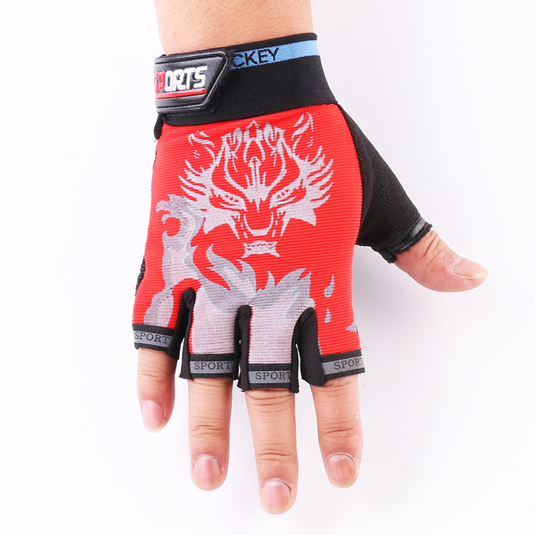 Guantes de medio Dedo de equitación nuevos hombres y mujeres cabeza de lobo guantes de fitness al aire libre transpirable Delgado táctico guantes de los niños