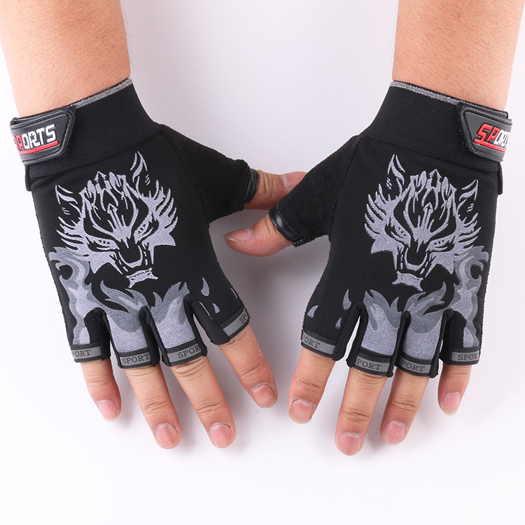 Guantes de medio Dedo de equitación nuevos hombres y mujeres cabeza de lobo guantes de fitness al aire libre transpirable Delgado táctico guantes de los niños
