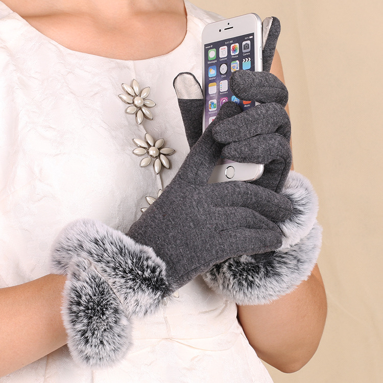 Otoño e invierno guantes de mujer forrados de lana cálida pantalla táctil equitación al aire libre terciopelo no invertido imitación Rex conejo piel boca guantes invierno