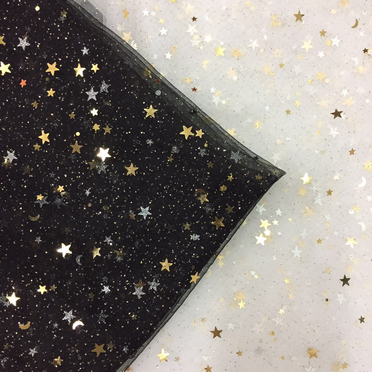 网眼布网纱后加工加工乱点撒金星星月亮冲片童装纱裙汉服仙女面料