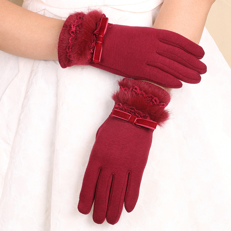 Guantes cálidos Otoño e Invierno de las mujeres no invertidas de terciopelo de encaje de piel de conejo boca de montar forrado de lana engrosada guantes de pantalla táctil de invierno