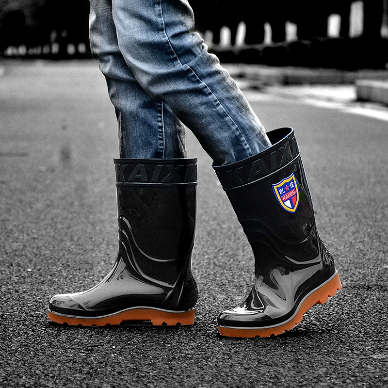 Черные модные резиновые сапоги до середины икры, нескользящие мужские защитные сапоги для стройплощадки с резиновой подошвой, водонепроницаемая рабочая обувь, оптом от производителя