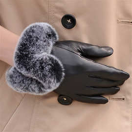獭兔毛羊皮手套女冬季开车骑车加绒加厚防寒触屏手套户外保暖