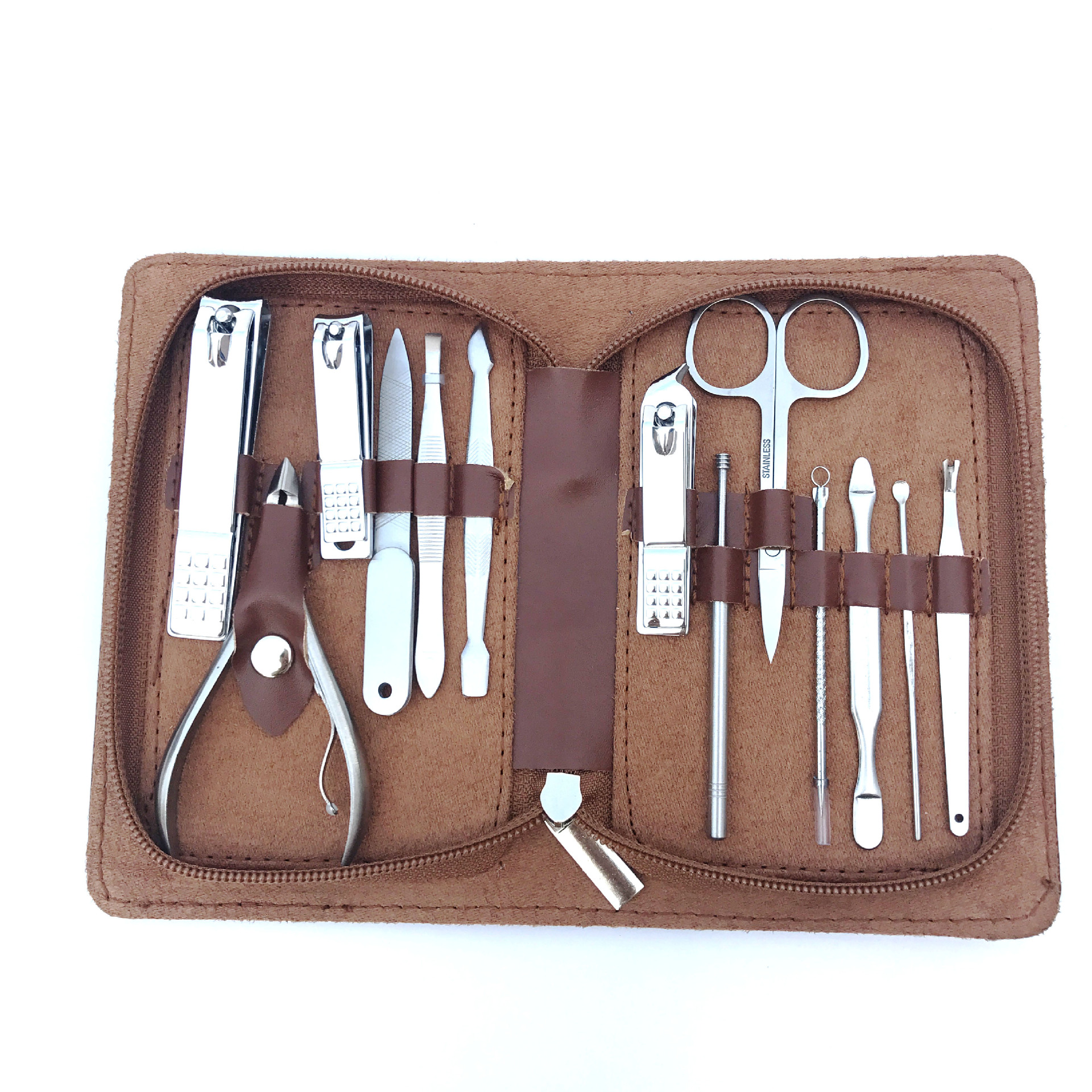 PU皮粽色 修甲套装 大拉链美容套包 女士指甲剪工具 指甲钳套装