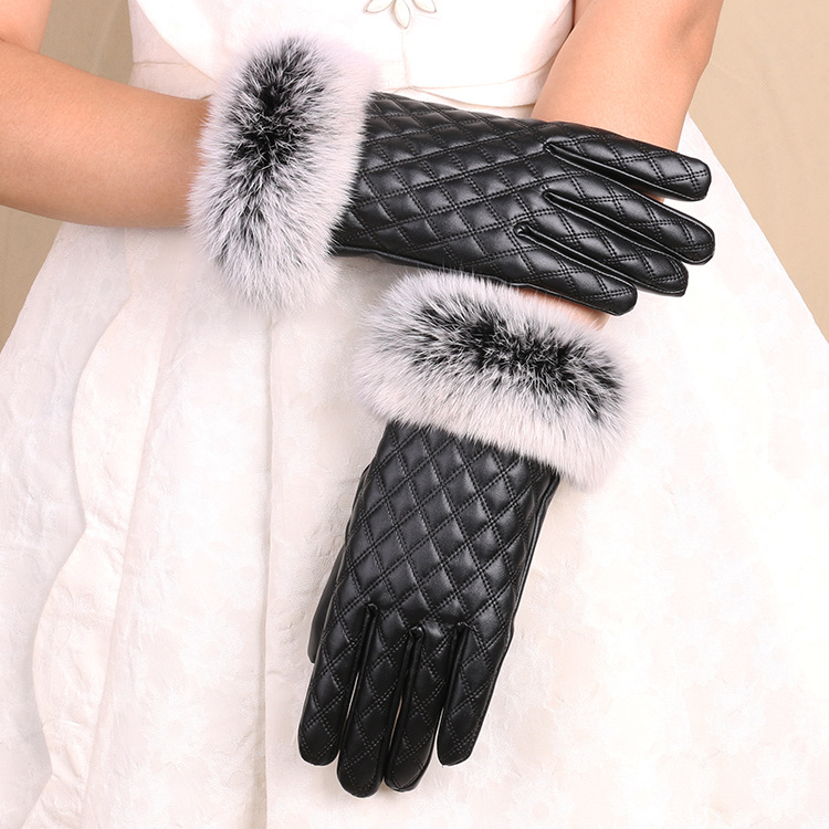 El otoño y el invierno de las mujeres de LA PU guantes de cuero de piel de conejo boca guantes de la pantalla táctil lindo de conducción guantes de cuero caliente forrado de lana