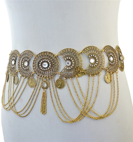 Factory direct sales fashion retro style hollow crystal tassel geometric coin long waist chain Amazon