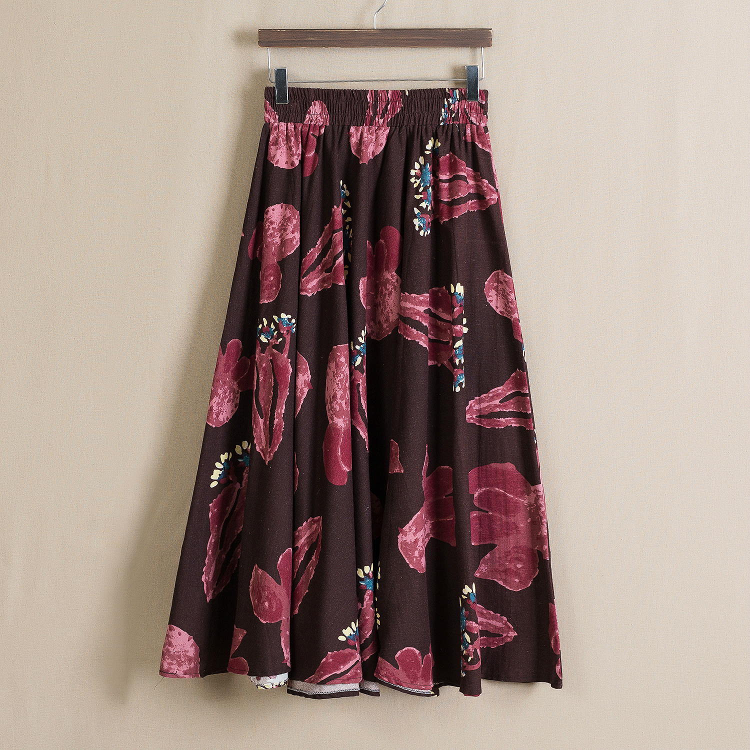 原创亚麻棉麻半身裙大摆女长裙印花民族a字裙百褶裙复古文艺批发