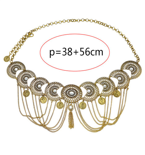 Factory direct sales fashion retro style hollow crystal tassel geometric coin long waist chain Amazon