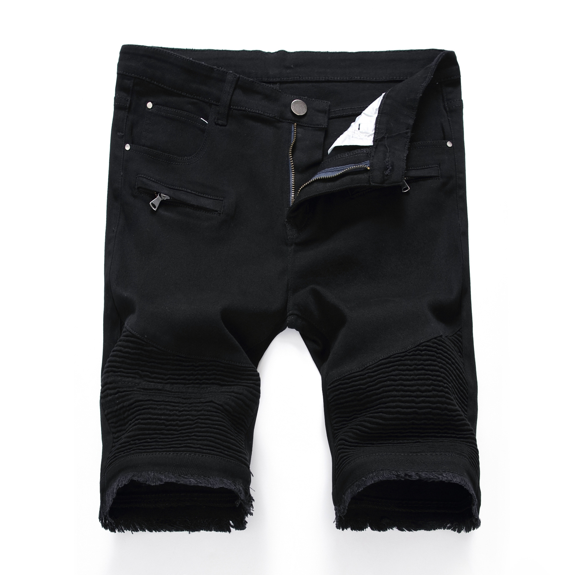 Comercio exterior de los hombres High Street zipper Stretch Slim casual Denim blanco negro shorts grab ripped pantalones del medio