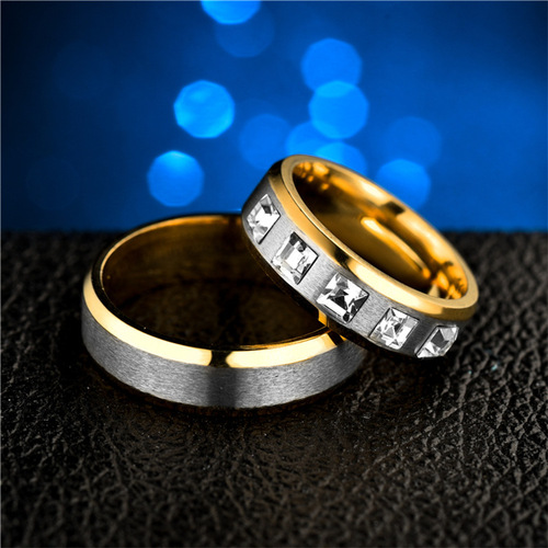 Cross-border supply titanium steel ring micropaved zirconia couple watch ring fashion two-color diamond ring wholesale