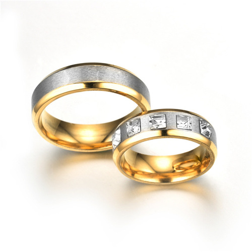 Cross-border supply titanium steel ring micropaved zirconia couple watch ring fashion two-color diamond ring wholesale