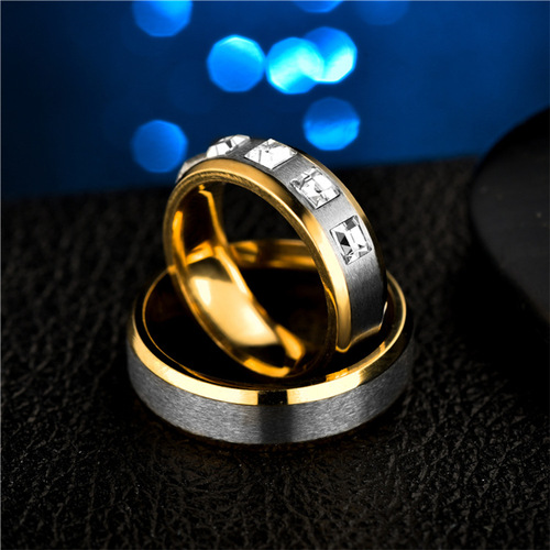 Cross-border supply titanium steel ring micropaved zirconia couple watch ring fashion two-color diamond ring wholesale