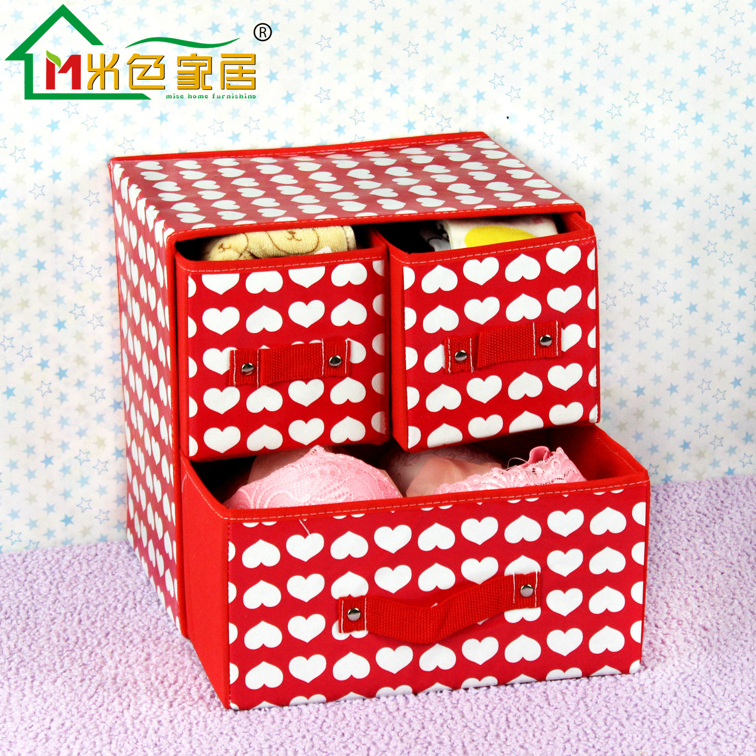 厂家直供覆膜无纺布内衣收纳盒折叠二层三抽女士化妆桌面收纳盒|ru