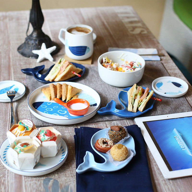 Ins-Style Ocean Ceramic Tableware, Fresh and Cute Fish Cartoon Household Tea Snack Plate, Dessert Bowl and Plate Set Ins-Style Ocean Ceramic Tableware, Fresh and Cute Fish Cartoon Household Tea Snack Plate, Dessert Bowl and Plate Set